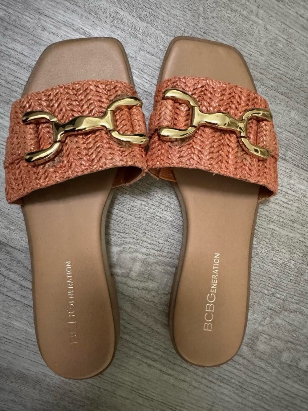 BCBGeneration Orange Knit Slip-On Mules with Gold Chain Accent